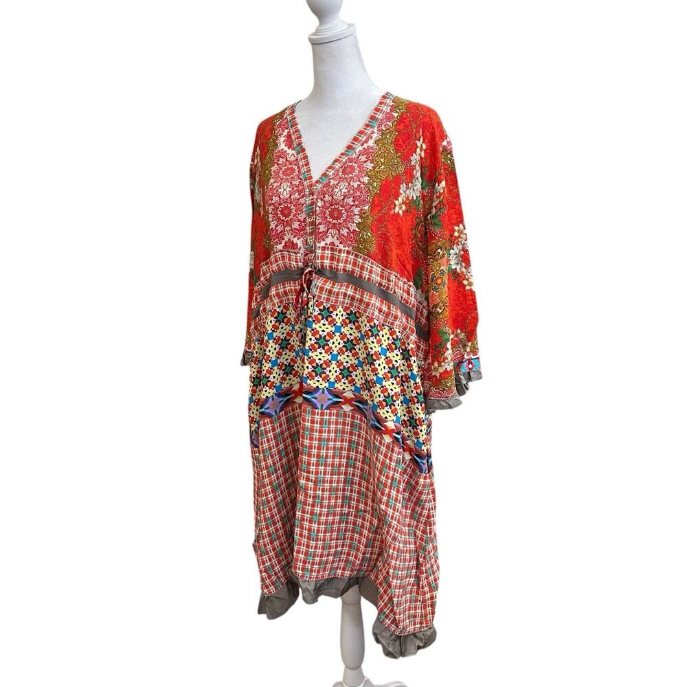 New Johnny Was Rayne Dress Red Floral Bohemian Summer Colorful Tie Waist PXL